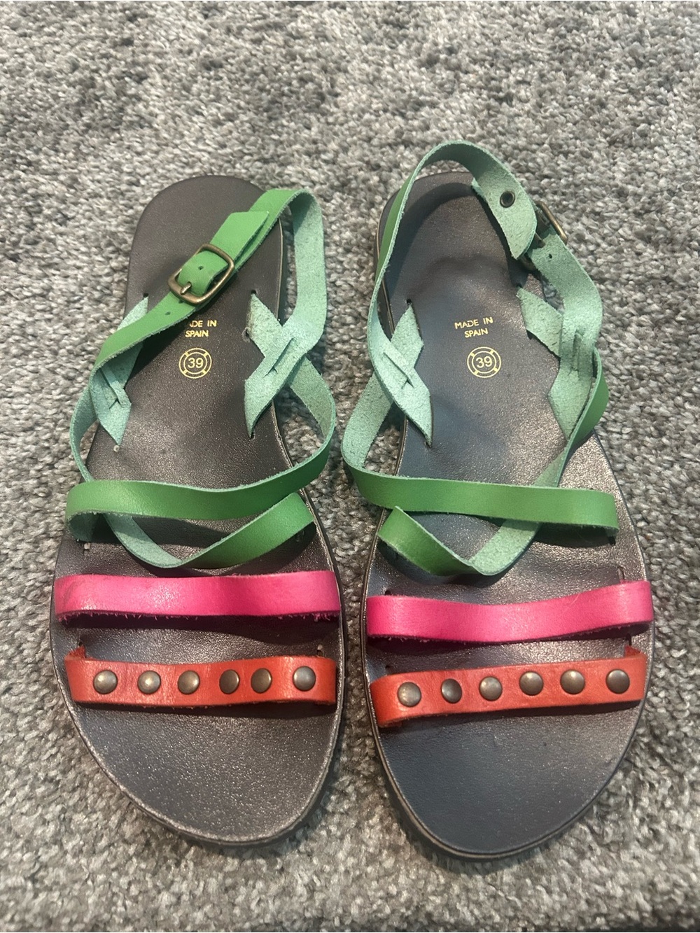 Green Multi-Strip Leather Sandals with Pink & Brown Accents